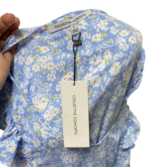 COLLECTIVE CONCEPTS | sz L Women's Blue/White Floral Ruffled Flounce Mini Dress - Picture 3 of 7